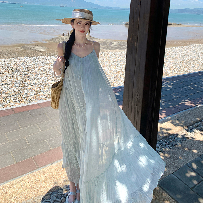 Vacation big skirt slim fold lady long summer dress