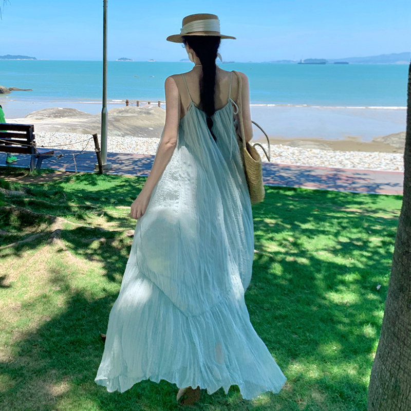 Vacation big skirt slim fold lady long summer dress