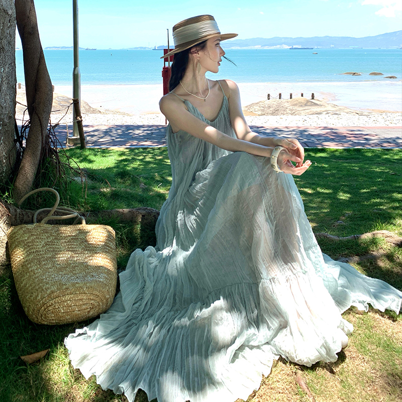 Vacation big skirt slim fold lady long summer dress