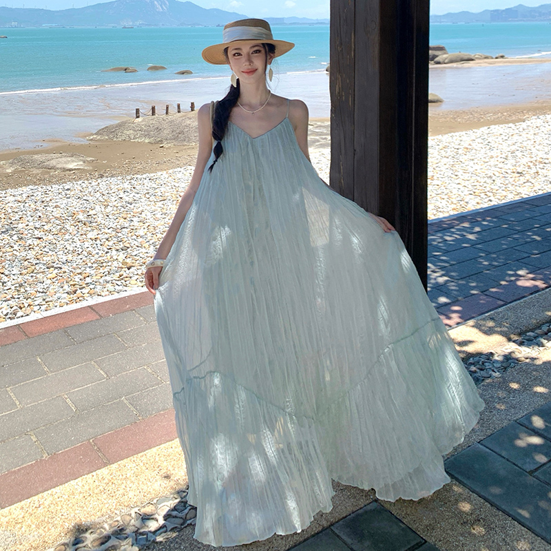 Vacation big skirt slim fold lady long summer dress