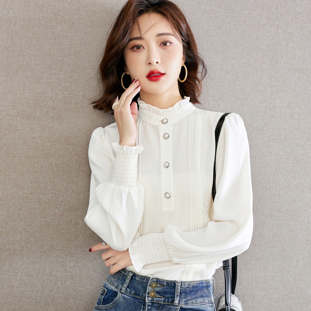 Lotus leaf edges cstand collar autumn shirt for women