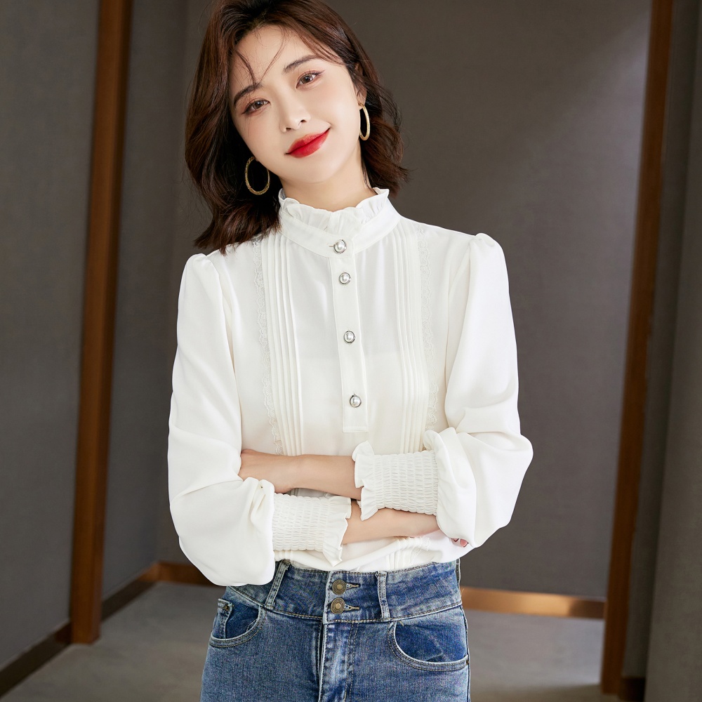 Lotus leaf edges cstand collar autumn shirt for women