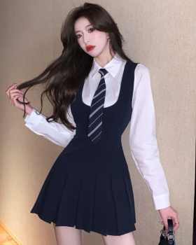 White pleated waistcoat show young shirt 2pcs set