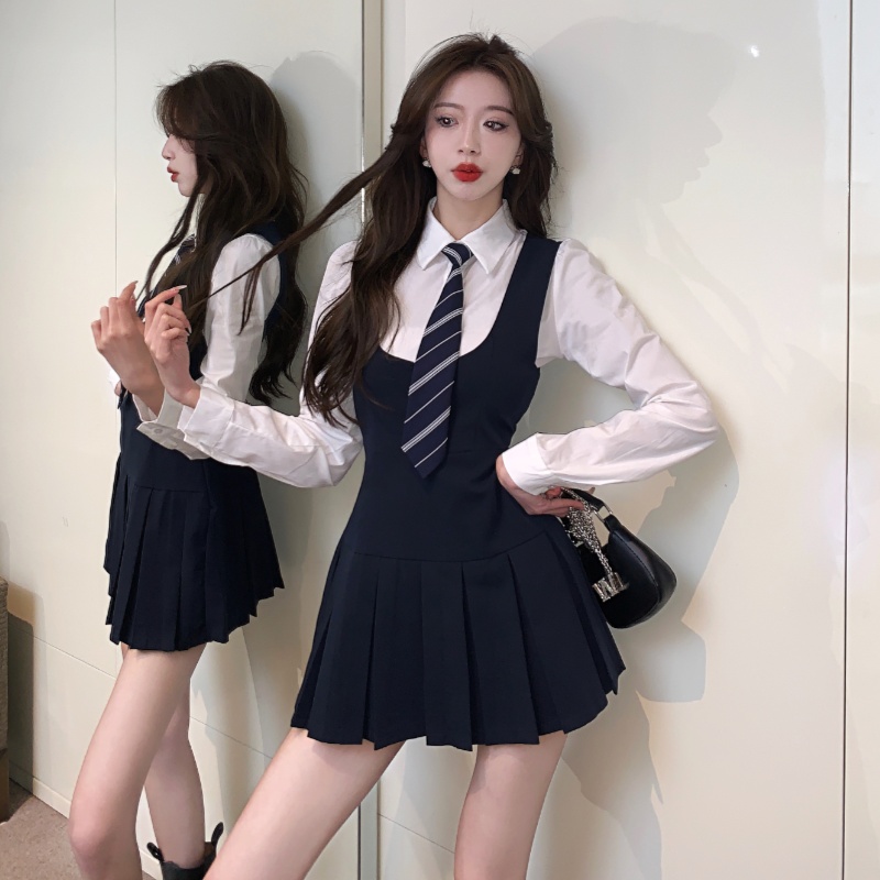 White pleated waistcoat show young shirt 2pcs set