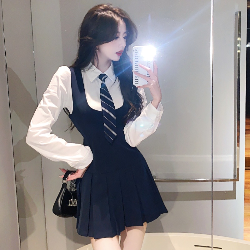 White pleated waistcoat show young shirt 2pcs set