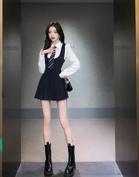 White pleated waistcoat show young shirt 2pcs set
