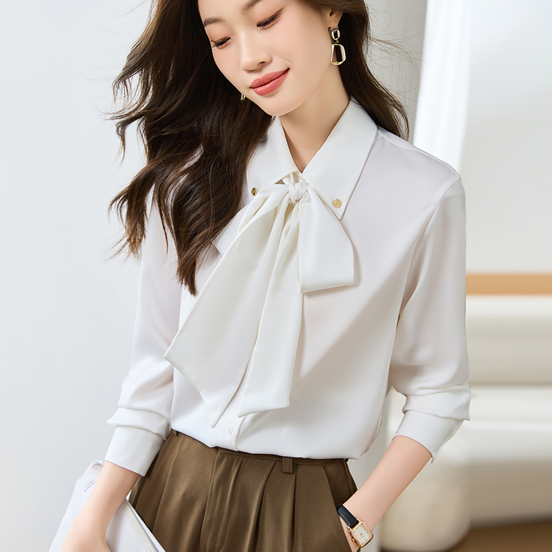 Long sleeve streamer chiffon bow shirt for women