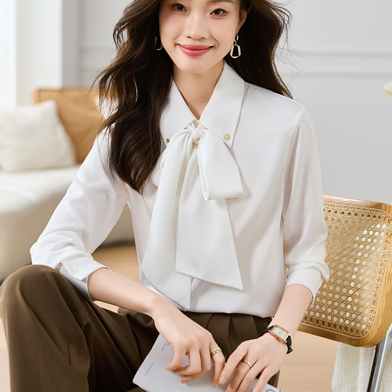 Long sleeve streamer chiffon bow shirt for women