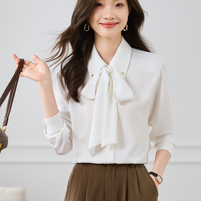 Long sleeve streamer chiffon bow shirt for women