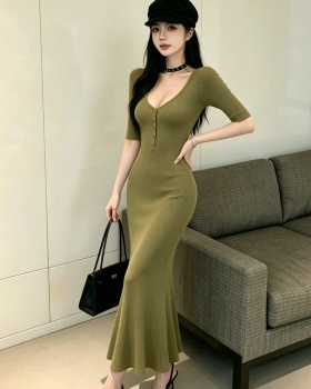 Slim sexy green long dress V-neck short sleeve dress