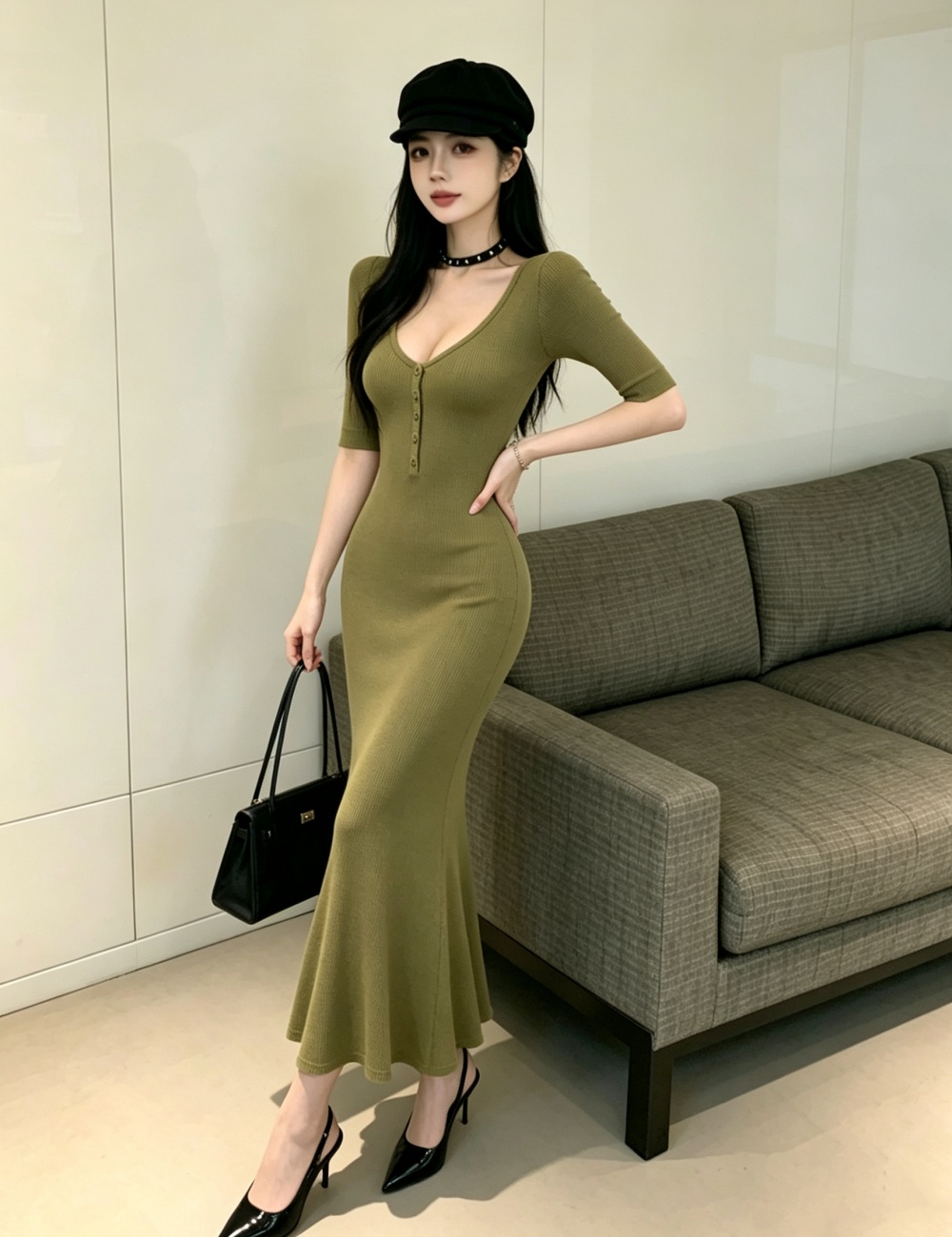 Slim sexy green long dress V-neck short sleeve dress
