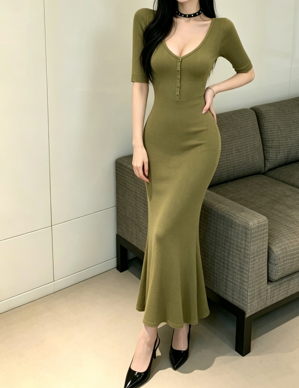 Slim sexy green long dress V-neck short sleeve dress
