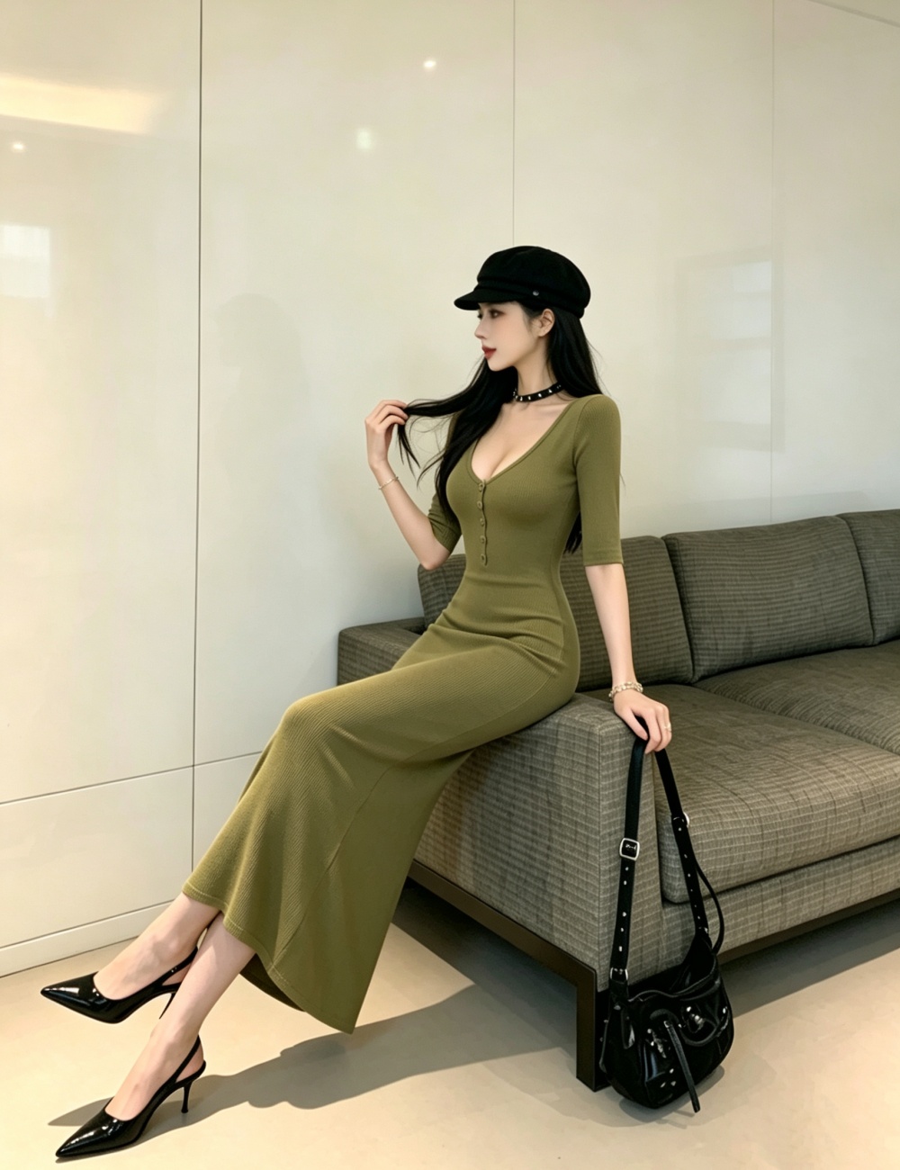 Slim sexy green long dress V-neck short sleeve dress