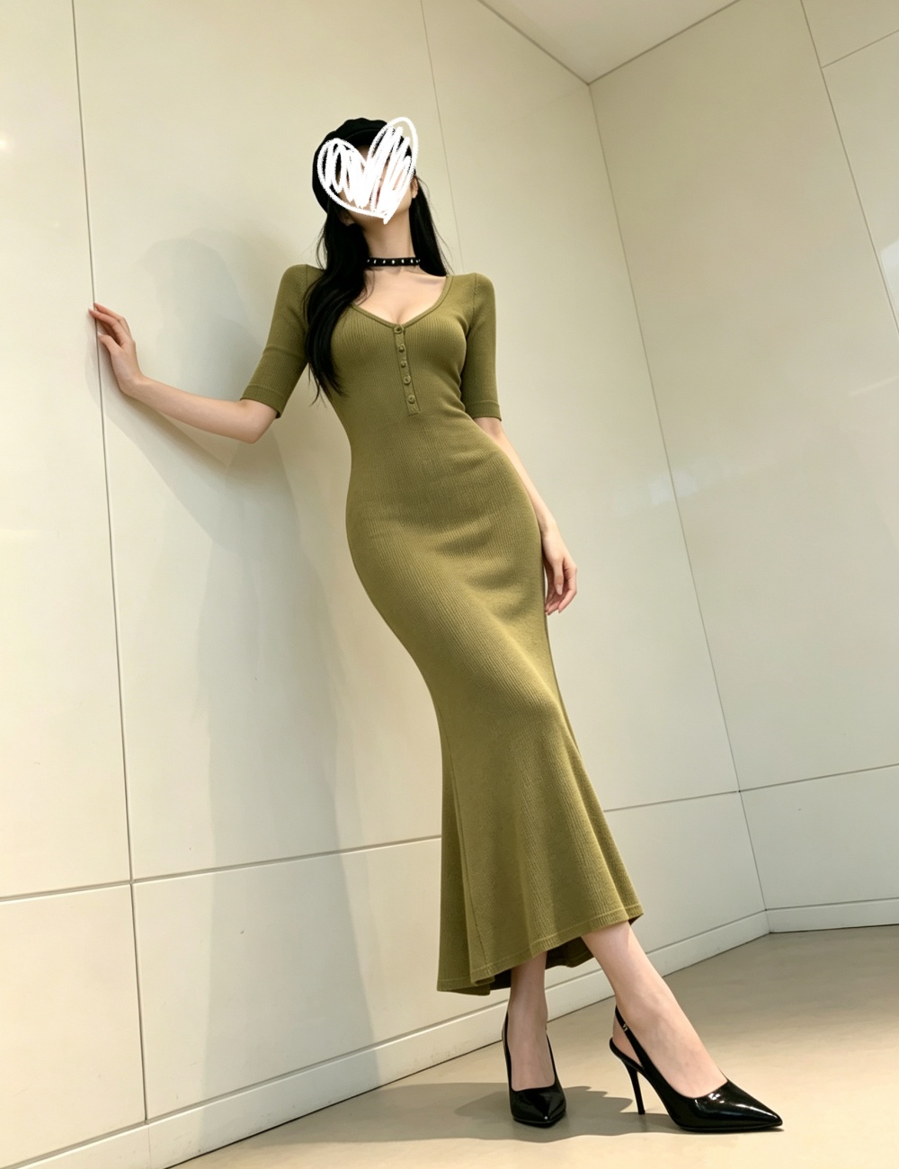 Slim sexy green long dress V-neck short sleeve dress