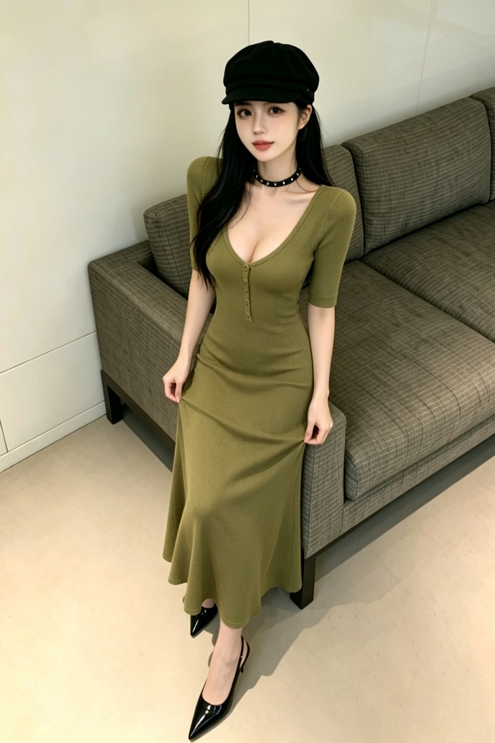 Slim sexy green long dress V-neck short sleeve dress