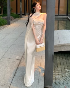 Wrapped chest white sequins formal dress slim ladies dress