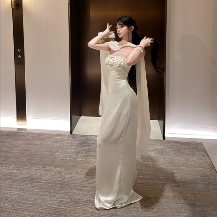 Wrapped chest white sequins formal dress slim ladies dress