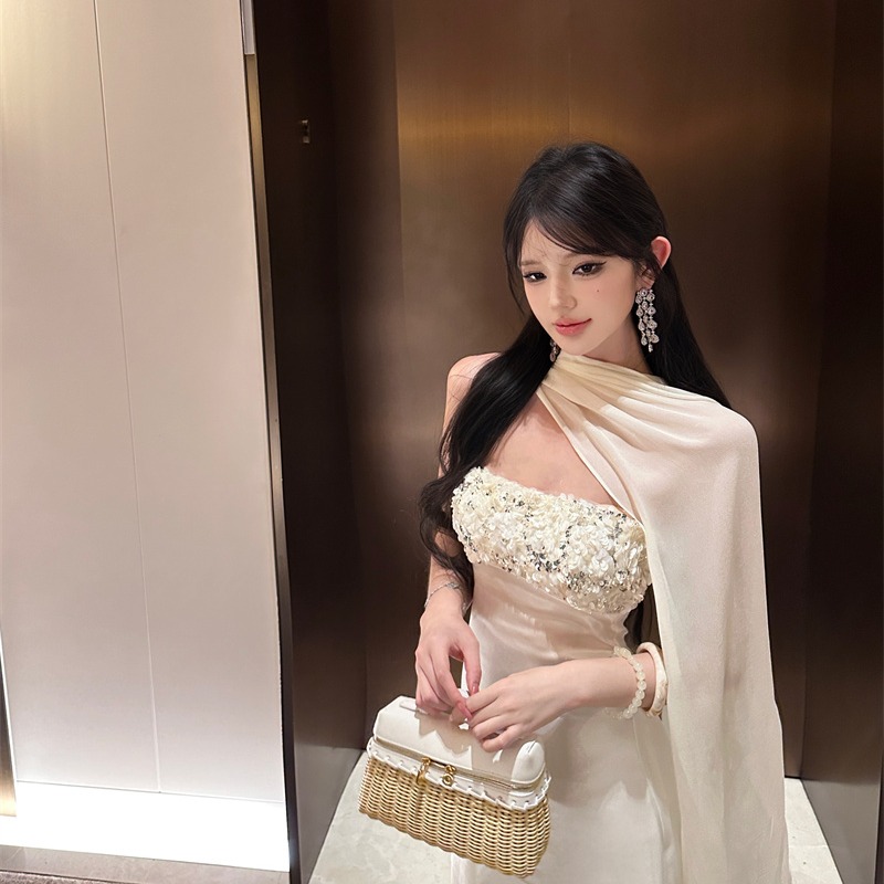 Wrapped chest white sequins formal dress slim ladies dress