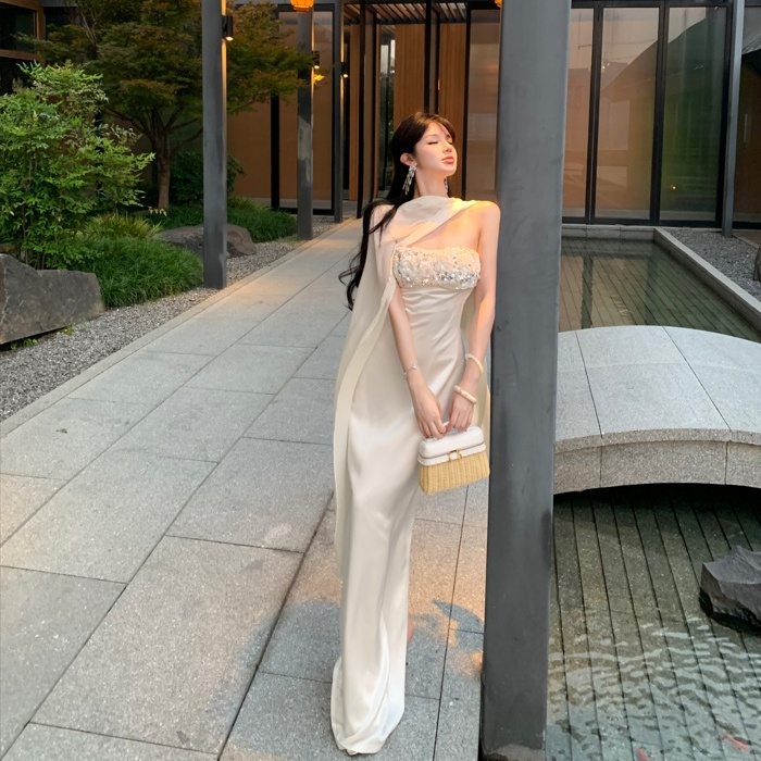 Wrapped chest white sequins formal dress slim ladies dress