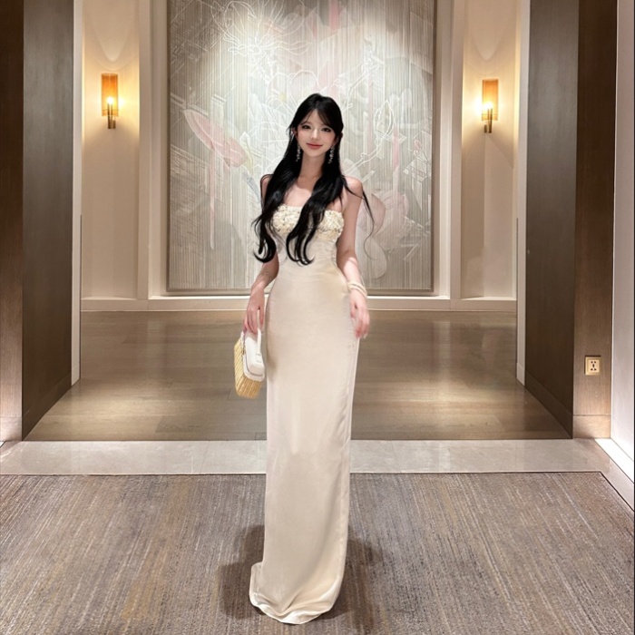 Wrapped chest white sequins formal dress slim ladies dress