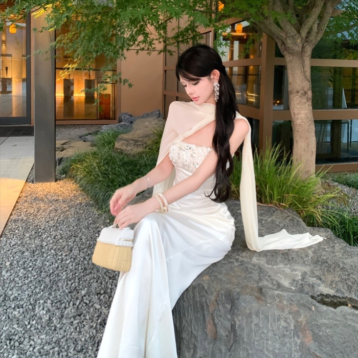 Wrapped chest white sequins formal dress slim ladies dress
