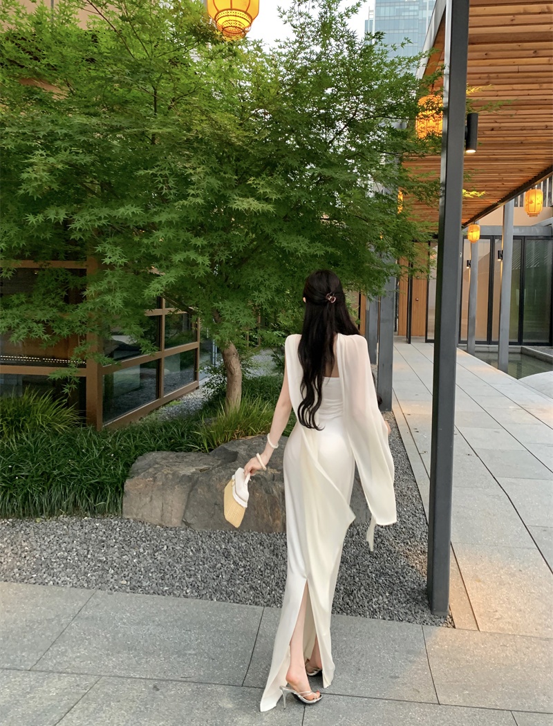 Wrapped chest white sequins formal dress slim ladies dress