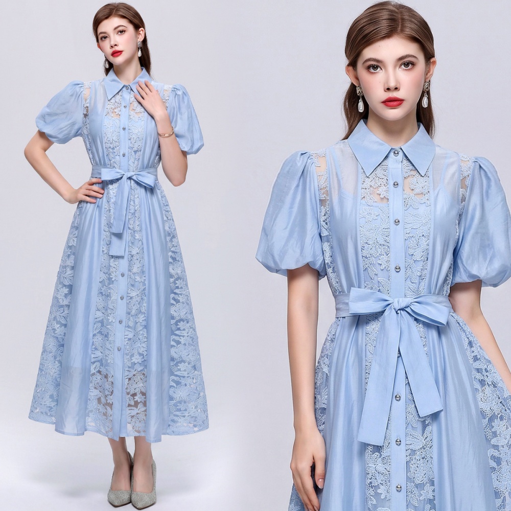 Lace light luxury long dress puff sleeve formal dress