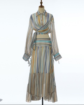 Mixed colors European style long dress lantern shirt a set