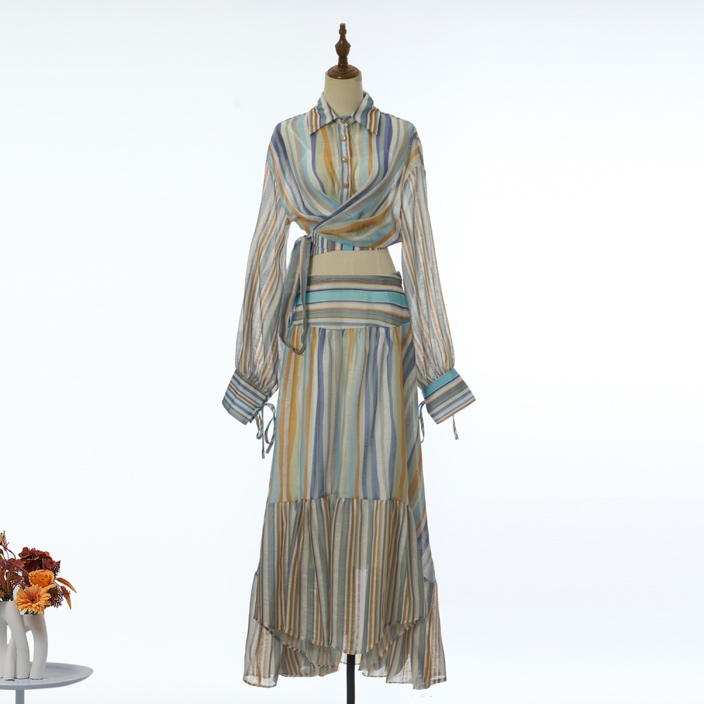 Mixed colors European style long dress lantern shirt a set