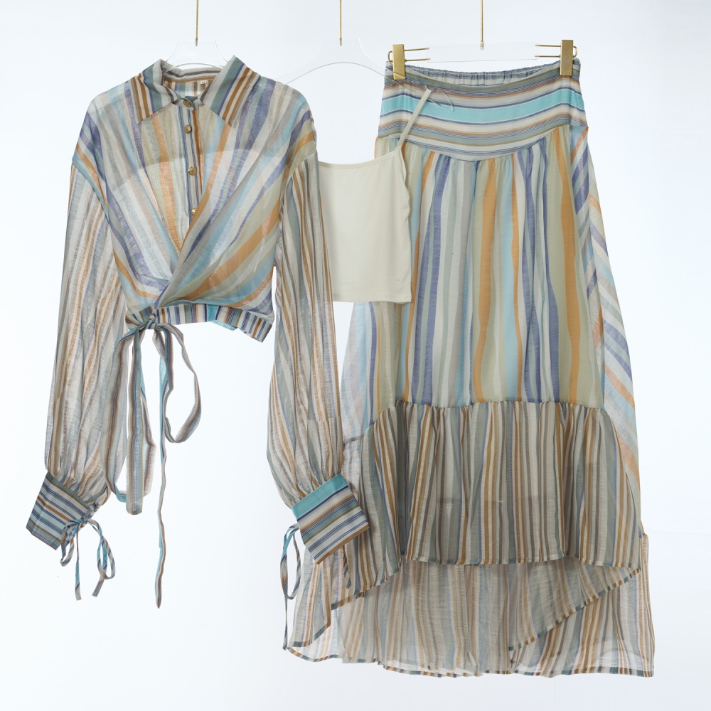 Mixed colors European style long dress lantern shirt a set