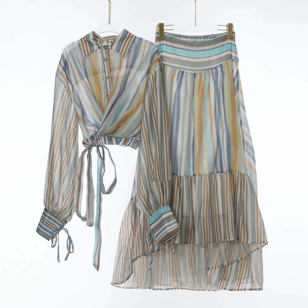 Mixed colors European style long dress lantern shirt a set