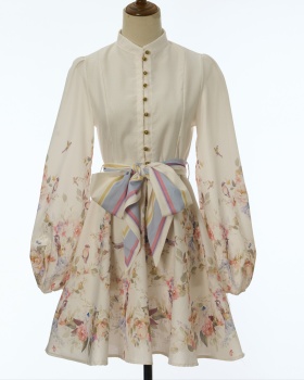 Sweet lantern sleeve printing short flax long sleeve dress