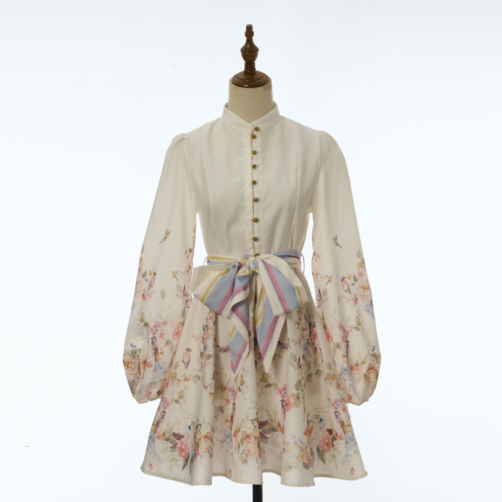 Sweet lantern sleeve printing short flax long sleeve dress