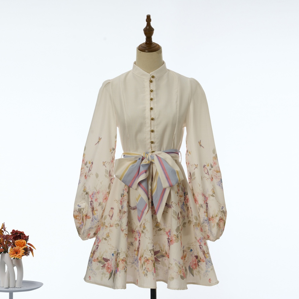 Sweet lantern sleeve printing short flax long sleeve dress