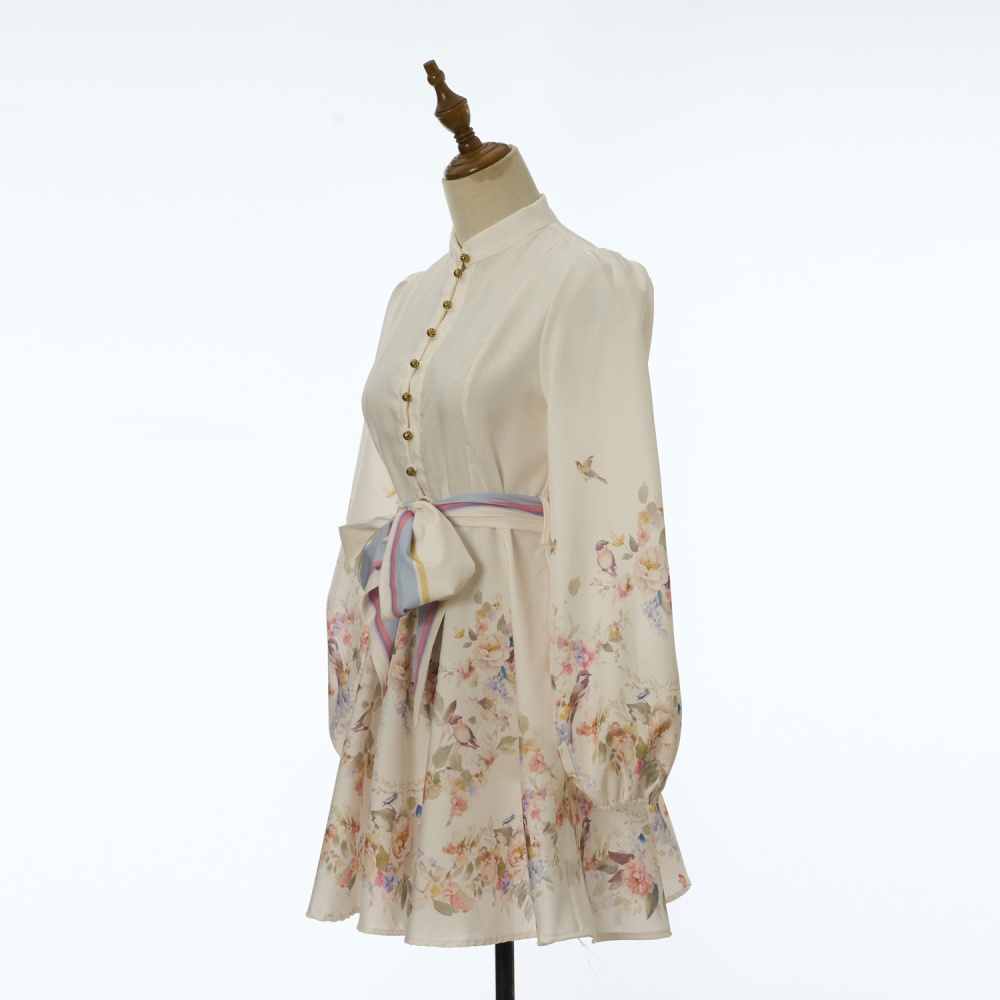 Sweet lantern sleeve printing short flax long sleeve dress