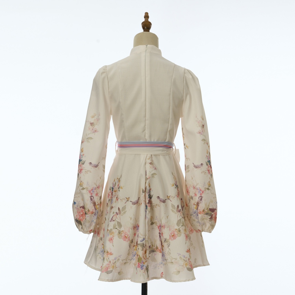 Sweet lantern sleeve printing short flax long sleeve dress