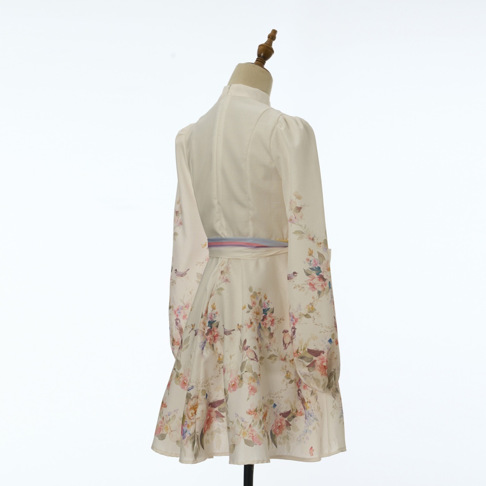 Sweet lantern sleeve printing short flax long sleeve dress