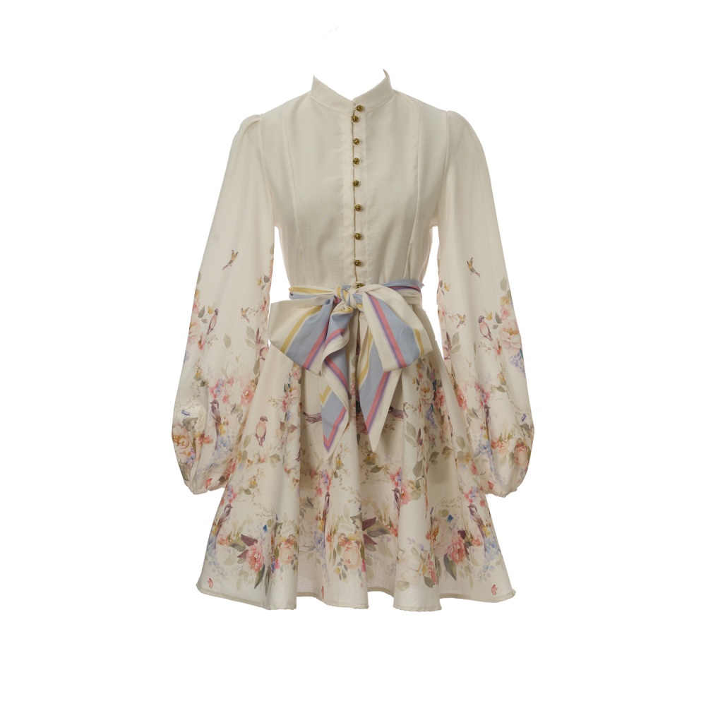 Sweet lantern sleeve printing short flax long sleeve dress