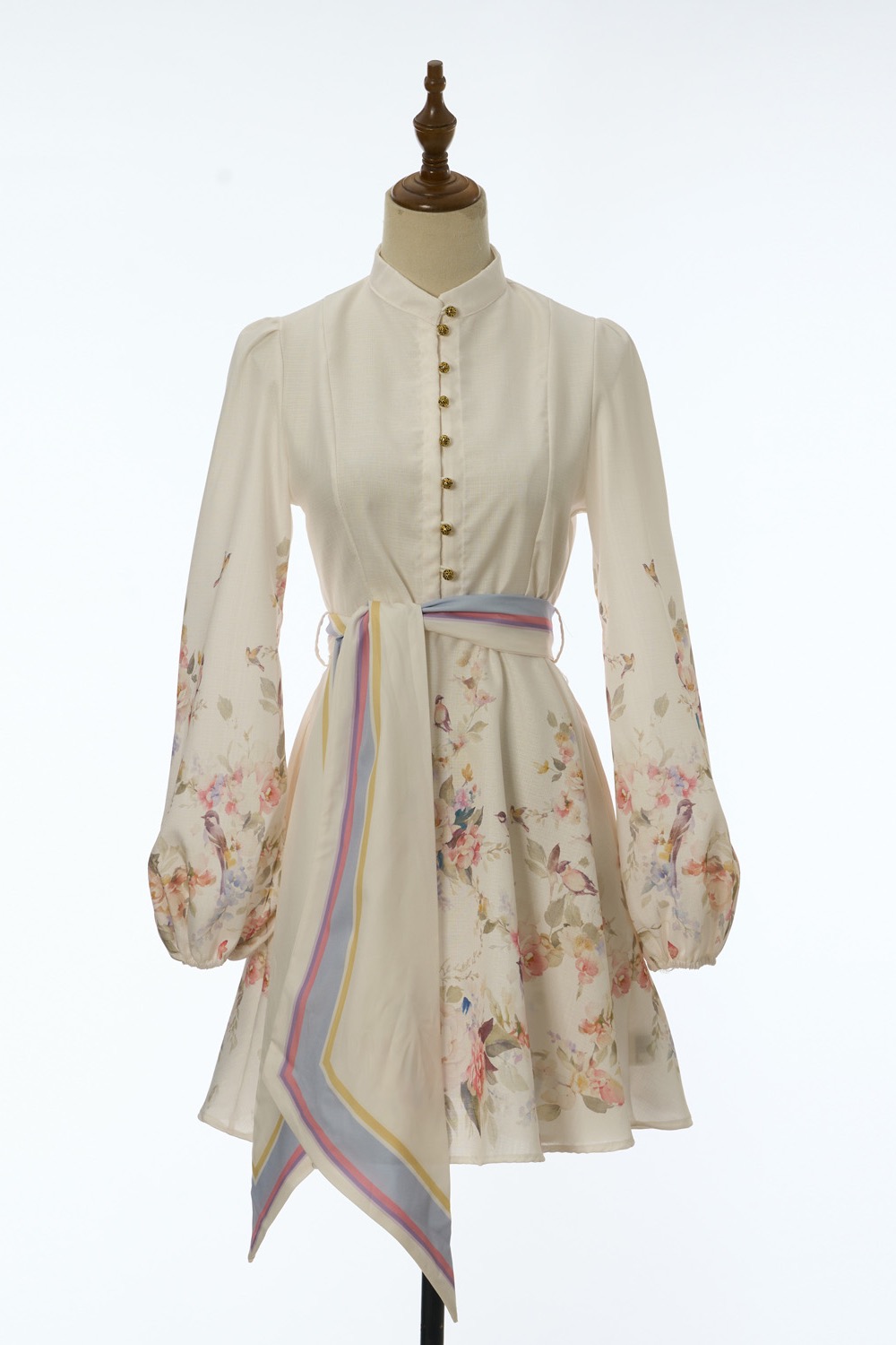 Sweet lantern sleeve printing short flax long sleeve dress