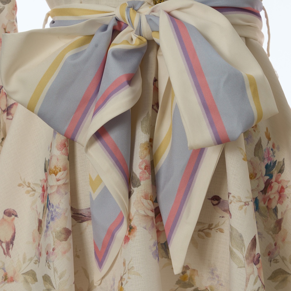Sweet lantern sleeve printing short flax long sleeve dress