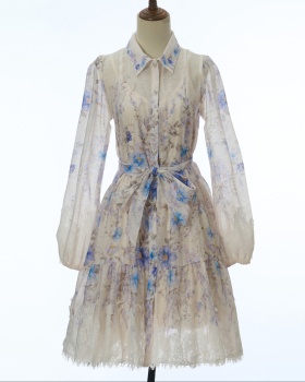 Spring and summer printing business suit lantern sleeve dress