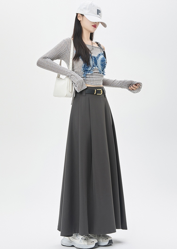 A-line high waist skirt gray slim long skirt for women
