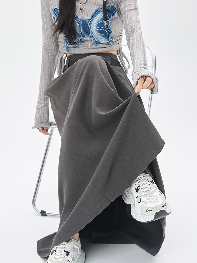 A-line high waist skirt gray slim long skirt for women