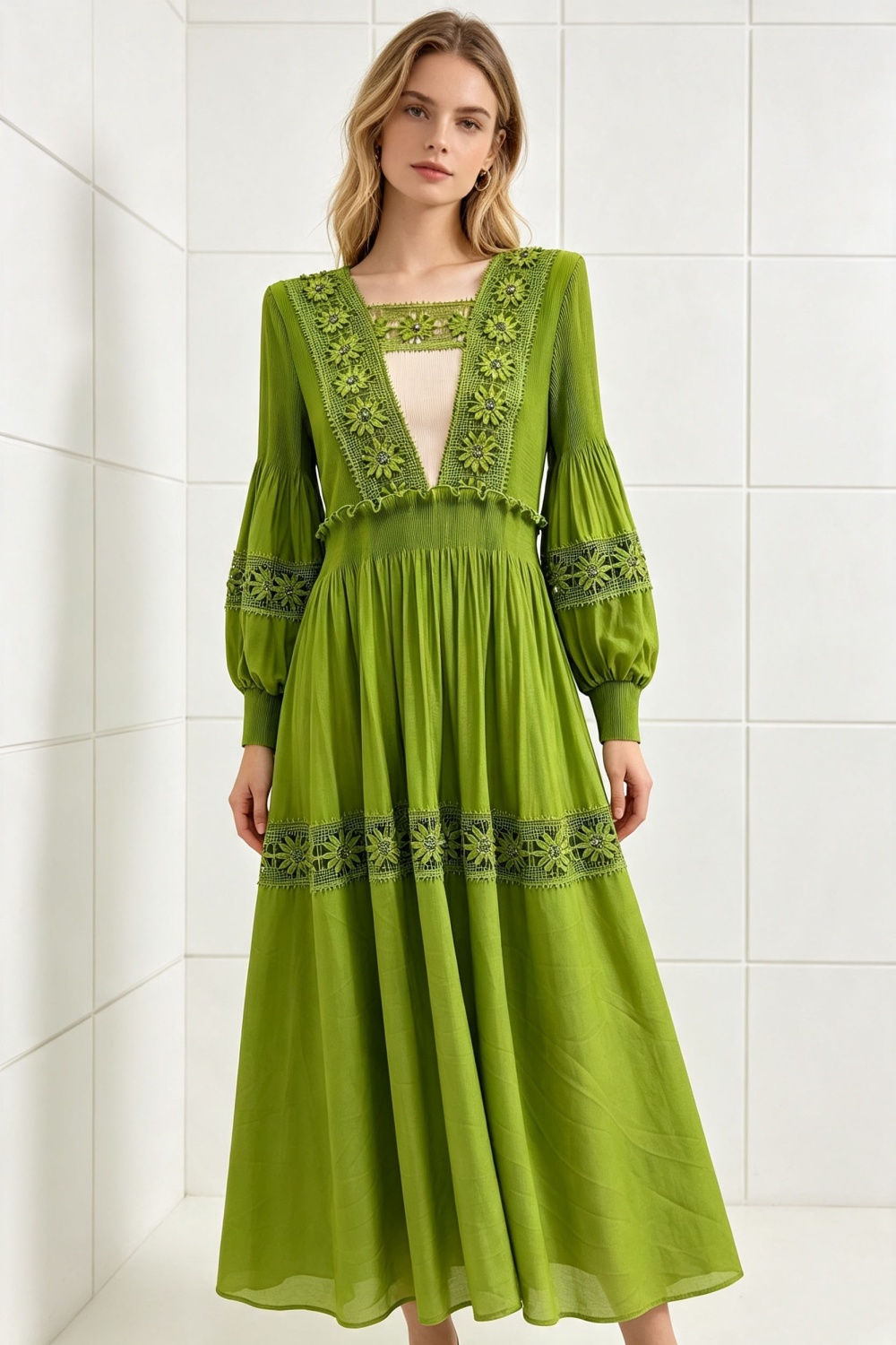 Lantern sleeve fold lace hollow large yard elegant dress