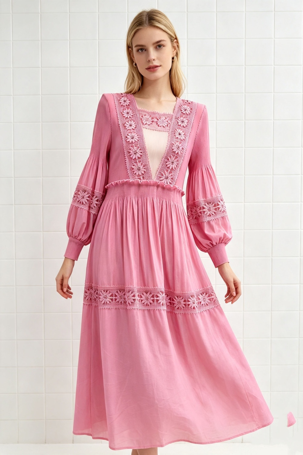 Lantern sleeve fold lace hollow large yard elegant dress