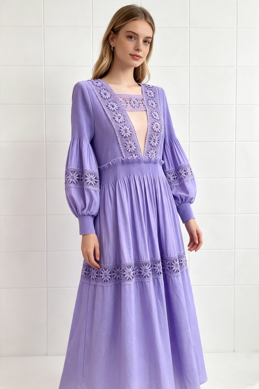 Lantern sleeve fold lace hollow large yard elegant dress