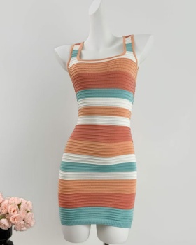 Sling stripe knitted rainbow sexy square collar dress