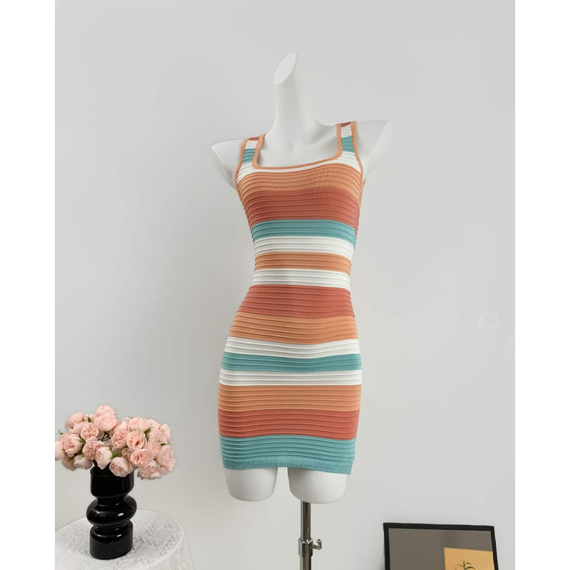 Sling stripe knitted rainbow sexy square collar dress
