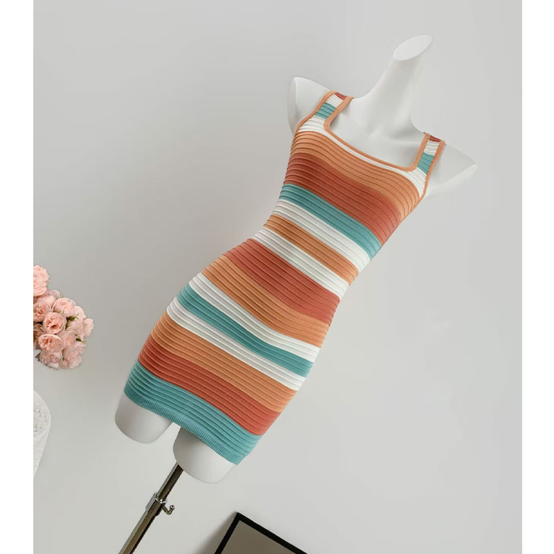 Sling stripe knitted rainbow sexy square collar dress