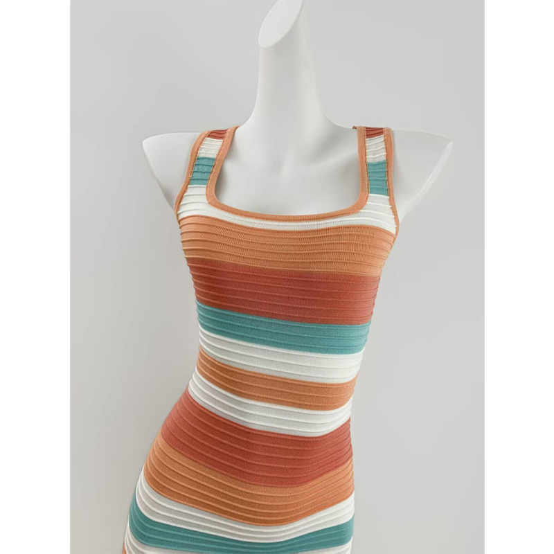 Sling stripe knitted rainbow sexy square collar dress